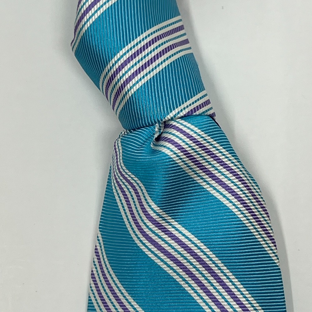Tommy Hilfiger Men's 100% Silk Tie Stripe Vintage Slim Sky Blue/Purple/White NWT